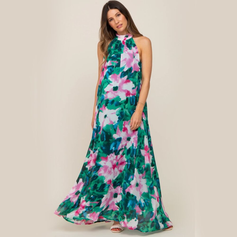 Entro Floral Maxi Dress in Green and Pink